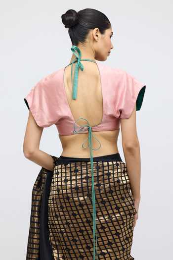 Shop_QUARTER_Pink Silk Halter Neck Kanchli Handwoven Blouse _at_Aza_Fashions