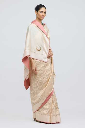 QUARTER_Gold Silk, Brocade Chauk Chand Ivory Saree _Online_at_Aza_Fashions