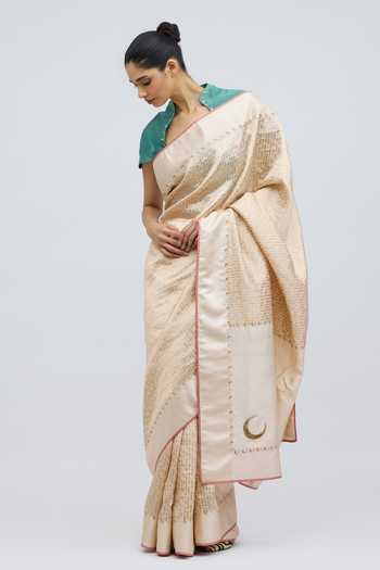 Buy_QUARTER_Gold Silk, Brocade Chauk Chand Ivory Saree _Online_at_Aza_Fashions