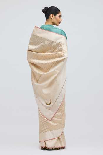 Shop_QUARTER_Gold Silk, Brocade Chauk Chand Ivory Saree _at_Aza_Fashions