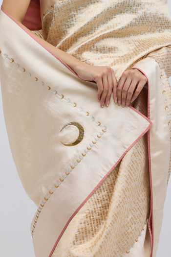 QUARTER_Gold Silk, Brocade Chauk Chand Ivory Saree _at_Aza_Fashions