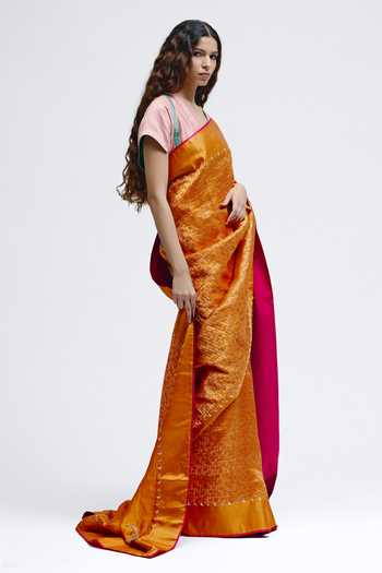 QUARTER_Orange Silk, Brocade Chauk Chand Saree _Online_at_Aza_Fashions