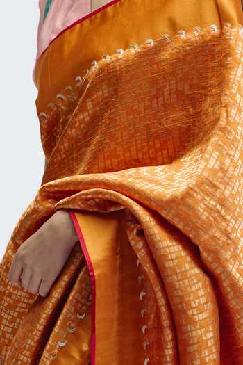 Buy_QUARTER_Orange Silk, Brocade Chauk Chand Saree _Online_at_Aza_Fashions