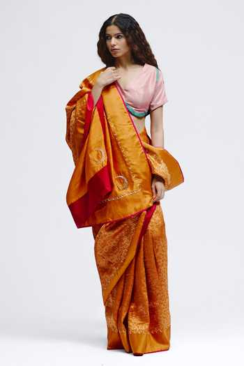 Shop_QUARTER_Orange Silk, Brocade Chauk Chand Saree _at_Aza_Fashions
