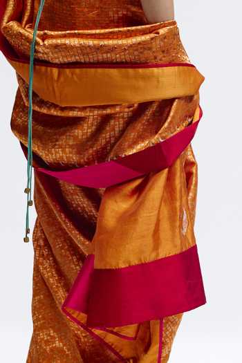 Shop_QUARTER_Orange Silk, Brocade Chauk Chand Saree _Online_at_Aza_Fashions