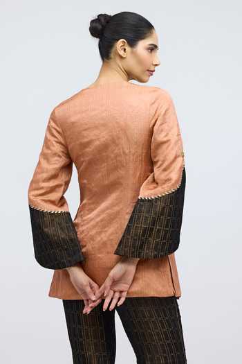 Shop_QUARTER_Black Silk, Brocade V-neck, Yes Moon In A Matrix Kurta And Pant Set _at_Aza_Fashions