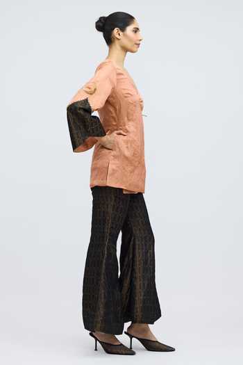 QUARTER_Black Silk, Brocade V-neck, Yes Moon In A Matrix Kurta And Pant Set _Online_at_Aza_Fashions
