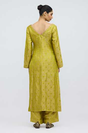 Shop_QUARTER_Green Brocade V-neck, Yes Chartreuse Grid Silk Kurta And Pant Set _at_Aza_Fashions
