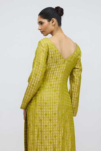 Buy_QUARTER_Green Brocade V-neck, Yes Chartreuse Grid Silk Kurta And Pant Set _Online_at_Aza_Fashions