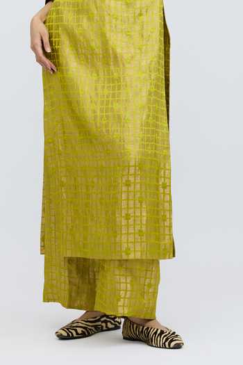 Shop_QUARTER_Green Brocade V-neck, Yes Chartreuse Grid Silk Kurta And Pant Set _Online_at_Aza_Fashions