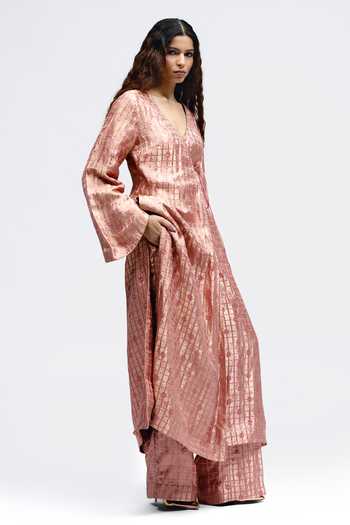 QUARTER_Pink Silk, Brocade V-neck Grid Onion Angrakha And Pant Set _Online_at_Aza_Fashions