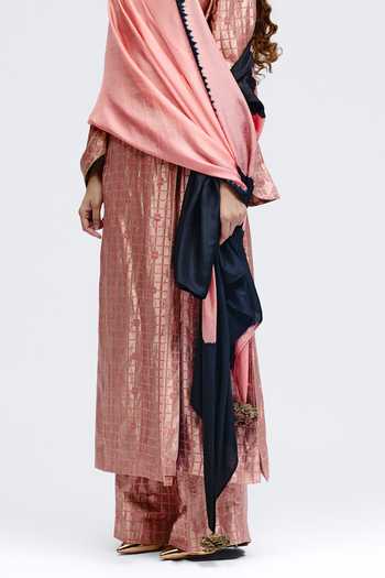 Buy_QUARTER_Pink Silk, Brocade V-neck Grid Onion Angrakha And Pant Set _Online_at_Aza_Fashions