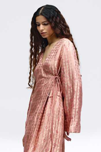 Shop_QUARTER_Pink Silk, Brocade V-neck Grid Onion Angrakha And Pant Set _Online_at_Aza_Fashions