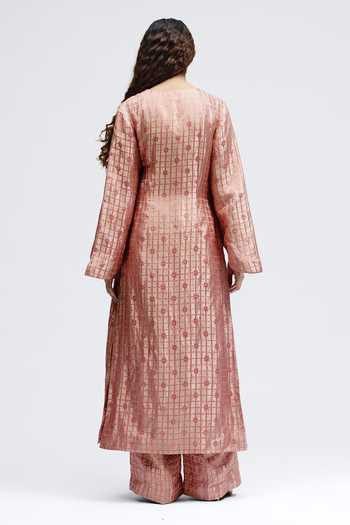 Shop_QUARTER_Pink Silk, Brocade V-neck Grid Onion Angrakha And Pant Set _at_Aza_Fashions