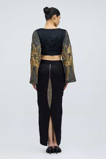 Shop_QUARTER_Black Silk Booti Mashru Skirt _at_Aza_Fashions