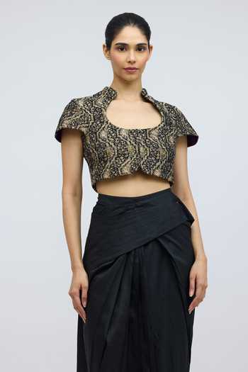 QUARTER_Black Silk Scoop Neck Gul E Istanbul Blouse _Online_at_Aza_Fashions
