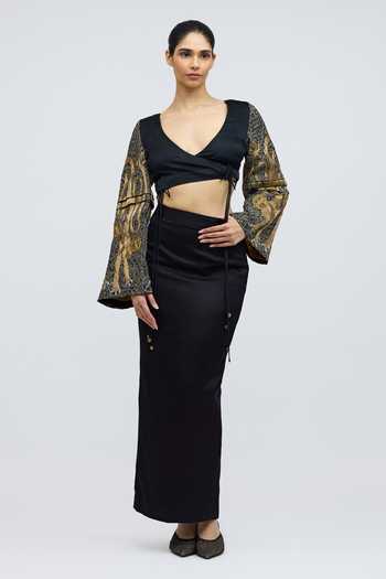 Buy_QUARTER_Black Silk Satin V-neck Holy Apes Handwoven Blouse _Online_at_Aza_Fashions