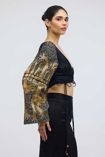 Shop_QUARTER_Black Silk Satin V-neck Holy Apes Handwoven Blouse _Online_at_Aza_Fashions