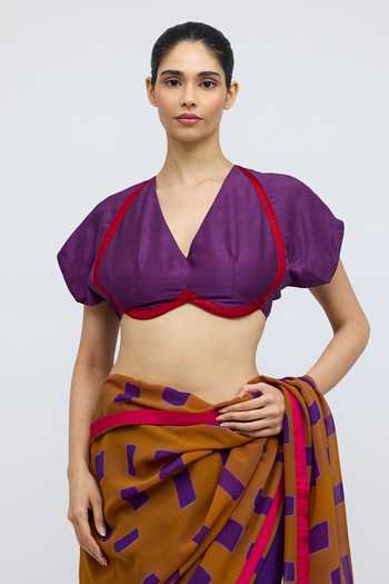 Buy_QUARTER_Purple Silk V-neck Kanchli Handwoven Blouse _at_Aza_Fashions