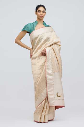 QUARTER_Turquoise Silk Scoop Neck Chand Blouse _Online_at_Aza_Fashions