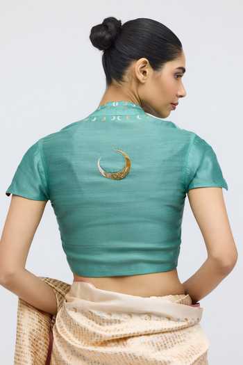 Shop_QUARTER_Turquoise Silk Scoop Neck Chand Blouse _at_Aza_Fashions