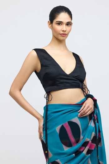 QUARTER_Black Silk, Satin V-neck Angrakha Blouse _Online_at_Aza_Fashions