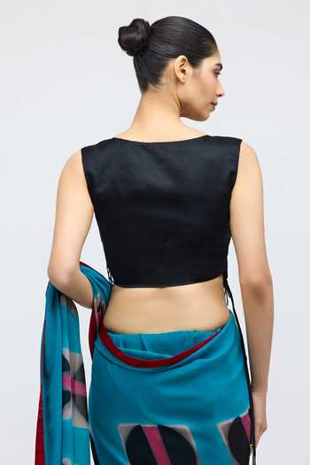 Shop_QUARTER_Black Silk, Satin V-neck Angrakha Blouse _at_Aza_Fashions