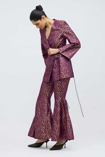QUARTER_Purple Silk, Brocade V-neck, Yes Pointille Kurta And Pant Set _Online_at_Aza_Fashions