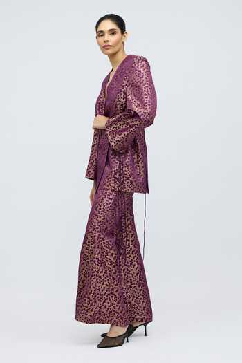 Buy_QUARTER_Purple Silk, Brocade V-neck, Yes Pointille Kurta And Pant Set _Online_at_Aza_Fashions