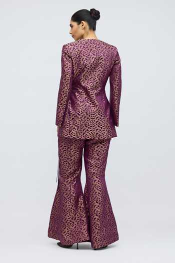 Shop_QUARTER_Purple Silk, Brocade V-neck, Yes Pointille Kurta And Pant Set _Online_at_Aza_Fashions