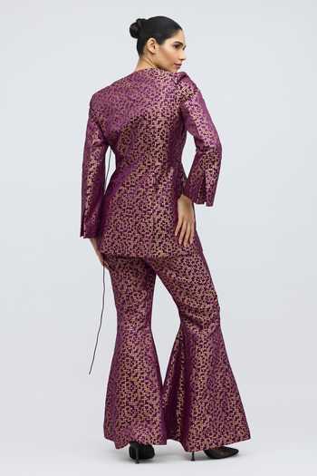 Shop_QUARTER_Purple Silk, Brocade V-neck, Yes Pointille Kurta And Pant Set _at_Aza_Fashions