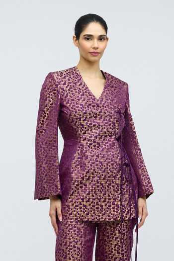 QUARTER_Purple Silk, Brocade V-neck, Yes Pointille Kurta And Pant Set _at_Aza_Fashions