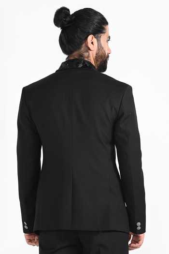 Shop_Kalpana Naik_Black Crepe Beads Asymmetrical Panel Embroidered Tuxedo Set _at_Aza_Fashions