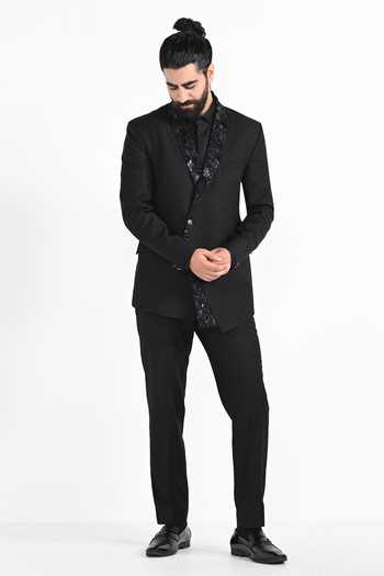 Kalpana Naik_Black Crepe Beads Asymmetrical Panel Embroidered Tuxedo Set _Online