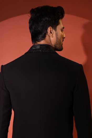 Shop_YOSEBA_Black Polyester, Cotton Cut Work, Sequins Embellished Blazer And Trouser Set _at_Aza_Fashions