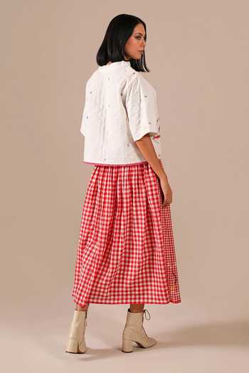 Shop_Indigo Dreams_Multicolor Cotton Embroidery High Neck Jamdani Quilted Top With Gingham Skirt _at_Aza_Fashions