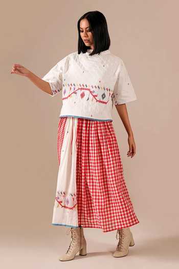 Buy_Indigo Dreams_Multicolor Cotton Embroidery High Neck Jamdani Quilted Top With Gingham Skirt _Online