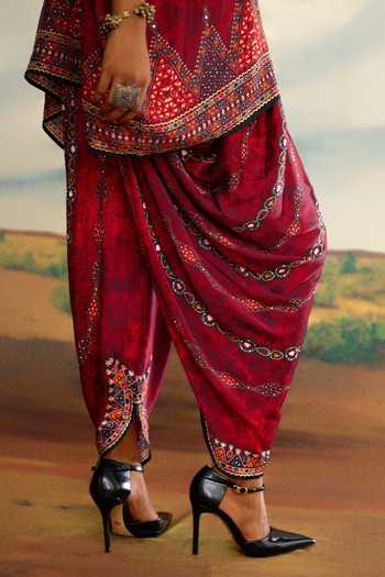 Shop_Rajdeep Ranawat_Red Modal, Satin Embroidery Printed Afghani Dhoti Pant _at_Aza_Fashions