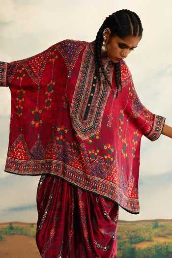 Rajdeep Ranawat_Red Modal, Satin Embroidery Printed Afghani Dhoti Pant _at_Aza_Fashions