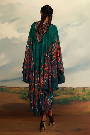Shop_Rajdeep Ranawat_Green Modal, Satin Embroidery Sonth Tribal Craft Print And Dhoti Pant _at_Aza_Fashions