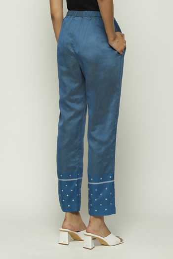 Shop_Abraham And Thakore_Blue Silk, Cotton, Maheshwari Sequins Embellished Trouser _at_Aza_Fashions