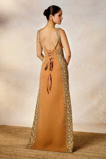 Shop_Masaba_Brown Modal Embroidery, Sequins Square Neck The Mishti Doi Gown _at_Aza_Fashions