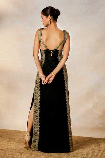 Shop_Masaba_Black Sequins, Embroidery Square Neck The Anjeer Pak Gown _at_Aza_Fashions