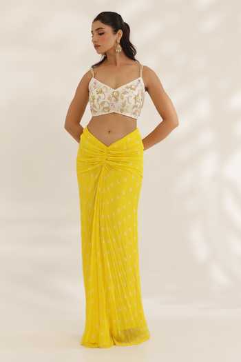 Manisha Soni Couture_Yellow Georgette, Net Embroidery Scoop Neck Bandhani Draped Skirt Set _Online_at_Aza_Fashions