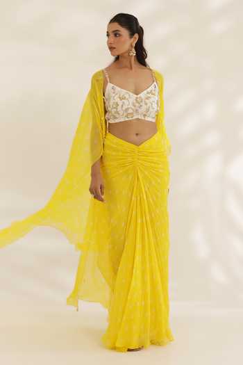 Buy_Manisha Soni Couture_Yellow Georgette, Net Embroidery Scoop Neck Bandhani Draped Skirt Set _Online_at_Aza_Fashions