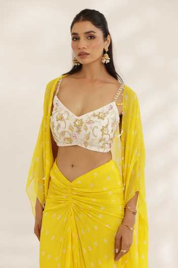 Shop_Manisha Soni Couture_Yellow Georgette, Net Embroidery Scoop Neck Bandhani Draped Skirt Set _Online_at_Aza_Fashions