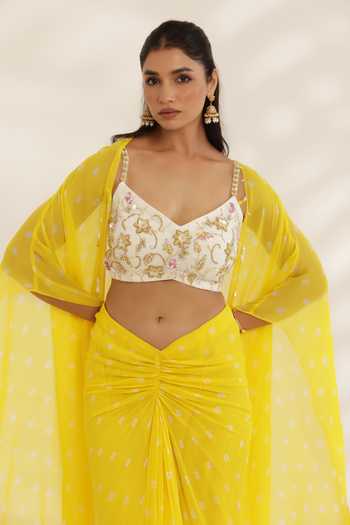 Manisha Soni Couture_Yellow Georgette, Net Embroidery Scoop Neck Bandhani Draped Skirt Set _at_Aza_Fashions