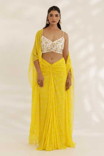 Buy_Manisha Soni Couture_Yellow Georgette, Net Embroidery Scoop Neck Bandhani Draped Skirt Set 