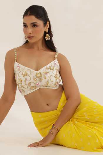 Shop_Manisha Soni Couture_Yellow Georgette, Net Embroidery Scoop Neck Bandhani Draped Skirt Set 