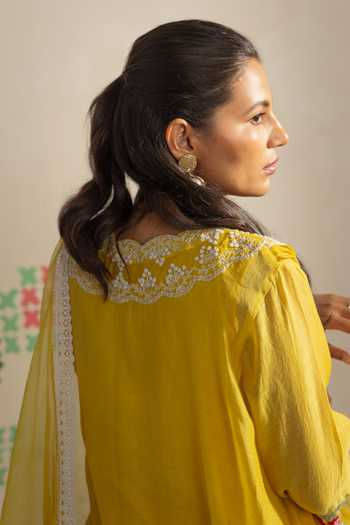 Shop_Radha Sharma_Yellow Chanderi, Organza Neckline Embroidered Kurta Set _at_Aza_Fashions